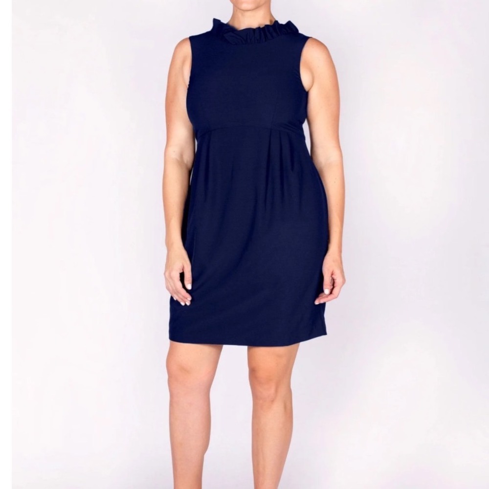 Camlyn Beth Navy Blue Sleeveless Ruffle Neck Button‎ Back The Go Go Dress Size 2
